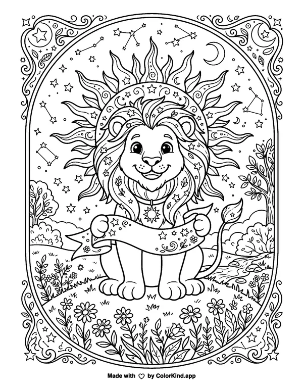 Leo Zodiac as clean black-and-white printable line art made by ColorKind