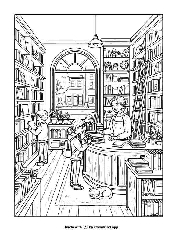 Little Shops Bookstore as clean black-and-white printable line art made by ColorKind