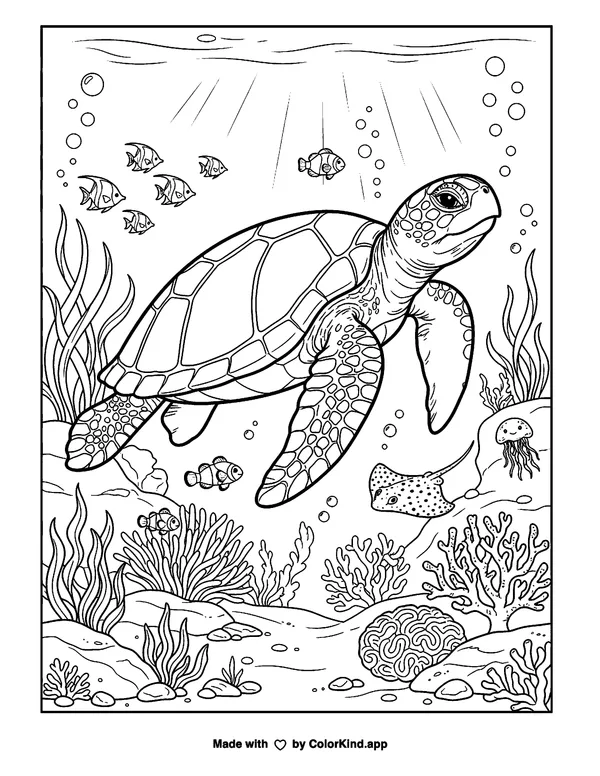 Majestic Sea Turtle as clean black-and-white printable line art made by ColorKind