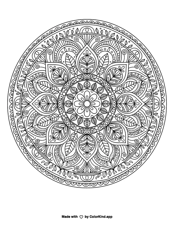 Mandala 9 as clean black-and-white printable line art made by ColorKind