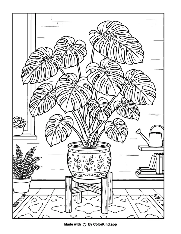 Monstera Plant as clean black-and-white printable line art made by ColorKind