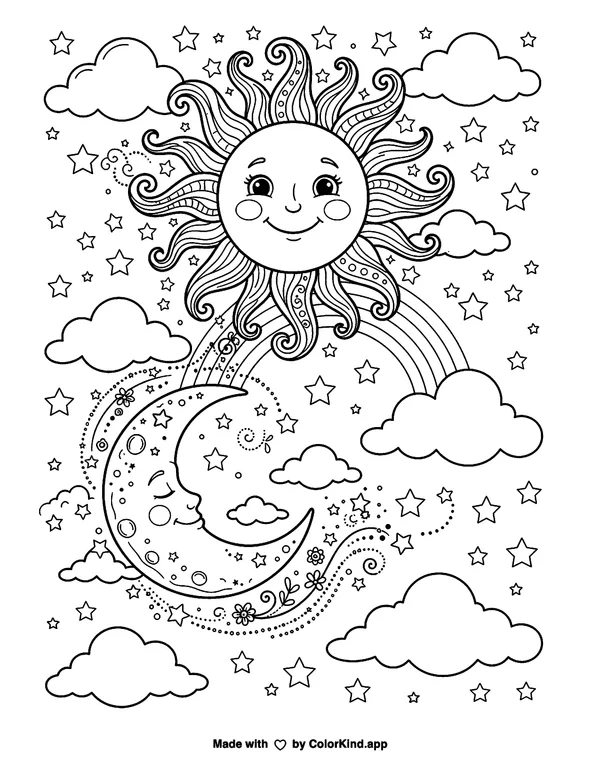 Moon and Sun as clean black-and-white printable line art made by ColorKind