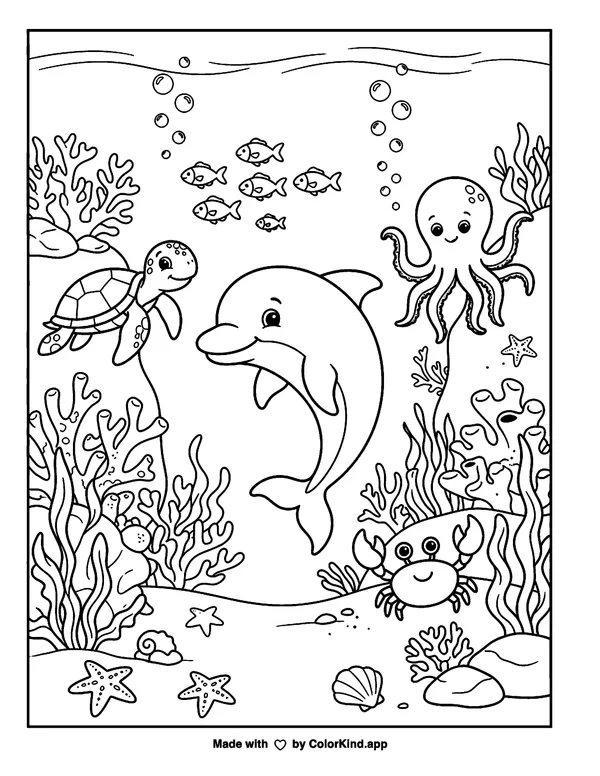 Ocean Friends as clean black-and-white printable line art made by ColorKind