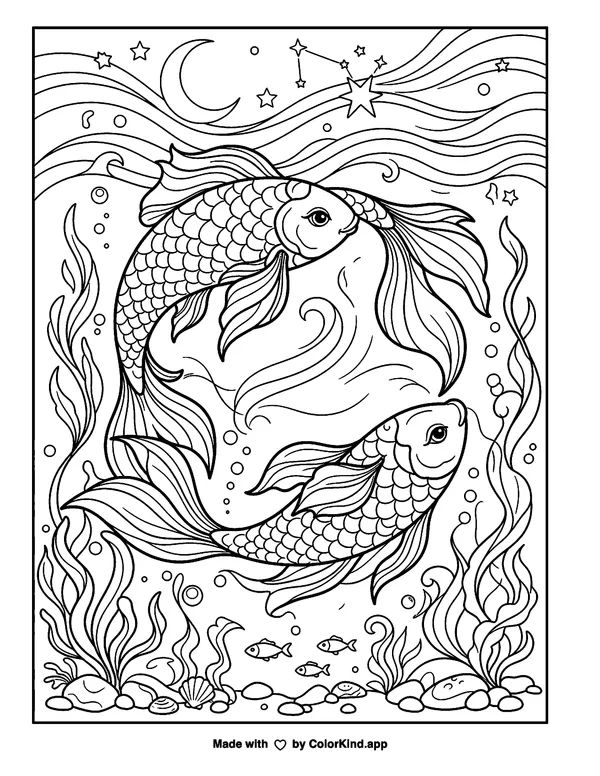 Pisces Zodiac as clean black-and-white printable line art made by ColorKind