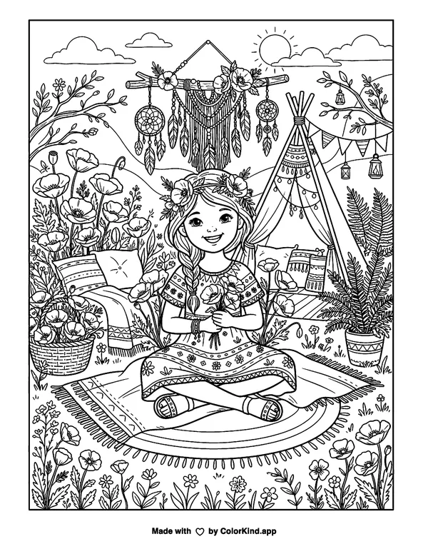 Poppy Flower Boho Vibes as clean black-and-white printable line art made by ColorKind