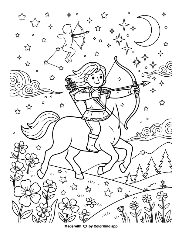 Sagittarius Zodiac as clean black-and-white printable line art made by ColorKind
