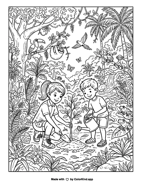 Save the Rainforest as clean black-and-white printable line art made by ColorKind
