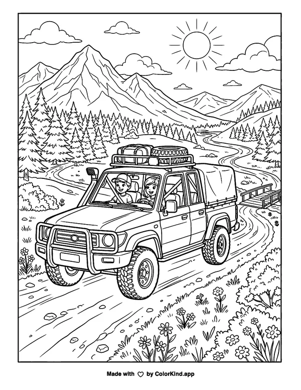 Scenic Truck Adventure as clean black-and-white printable line art made by ColorKind
