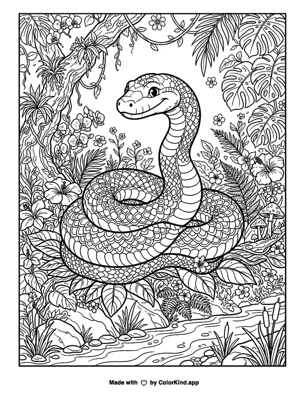 Serpent as clean black-and-white printable line art made by ColorKind