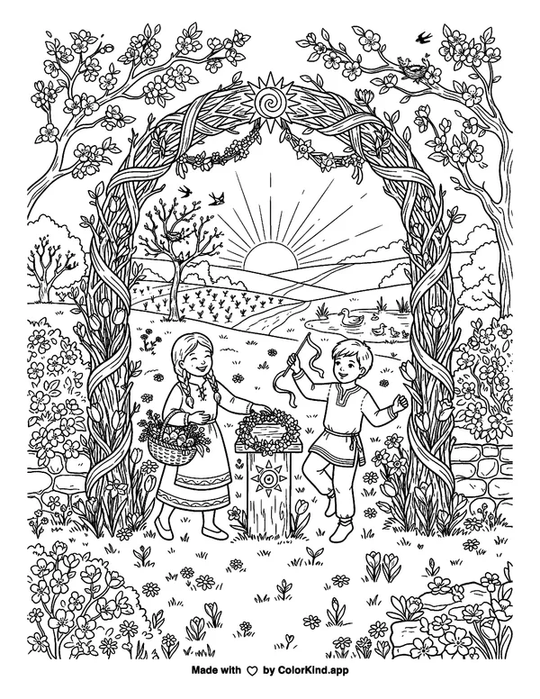 Spring Equinox as clean black-and-white printable line art made by ColorKind
