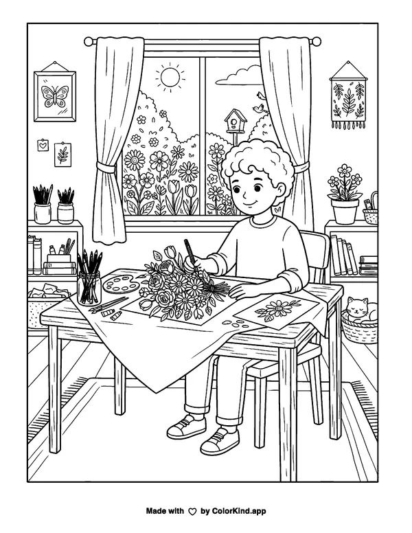 Stay at Home Creativity, Flowers as clean black-and-white printable line art made by ColorKind