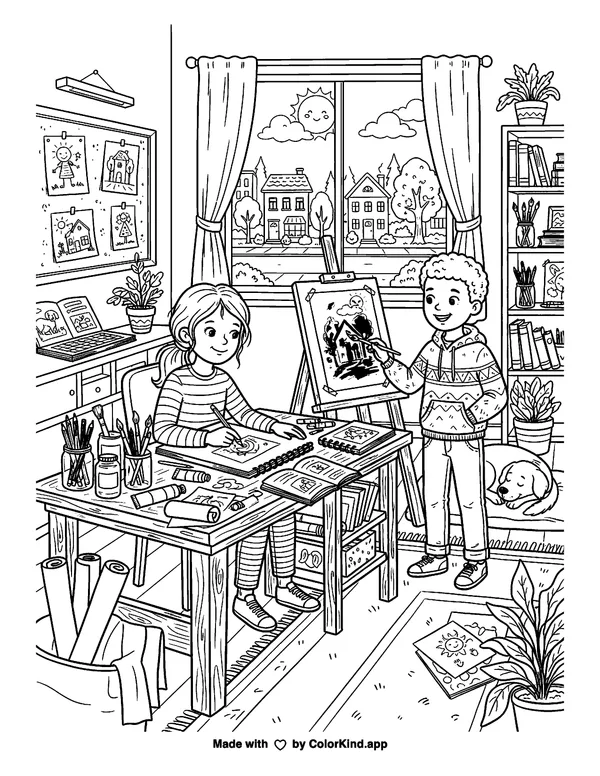 Stay at Home Creativity, Town as clean black-and-white printable line art made by ColorKind