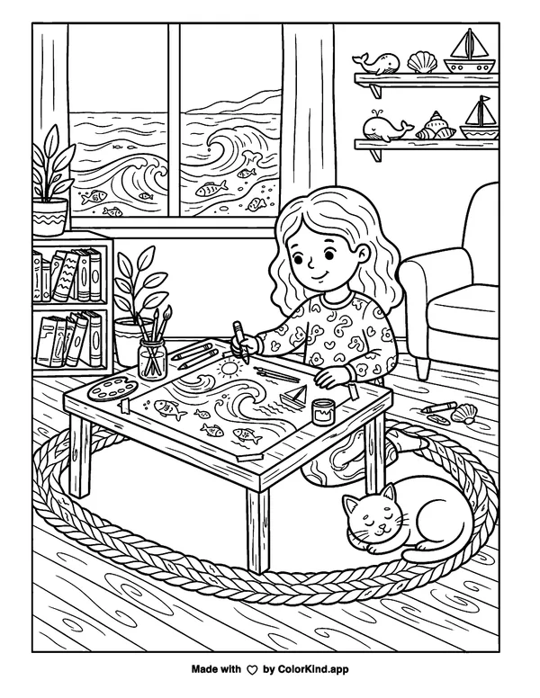 Stay at Home Creativity, Waves as clean black-and-white printable line art made by ColorKind