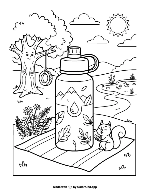 Stay Hydrated Water Bottle as clean black-and-white printable line art made by ColorKind