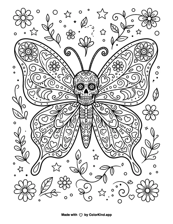 Sugar Skull Butterfly as clean black-and-white printable line art made by ColorKind