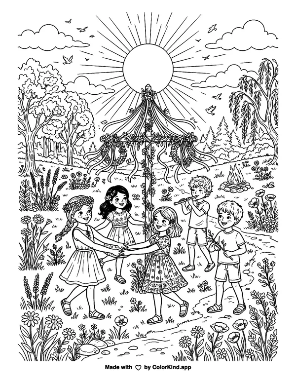 Summer Solstice as clean black-and-white printable line art made by ColorKind