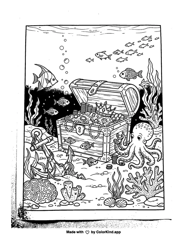 Sunken Treasure as clean black-and-white printable line art made by ColorKind