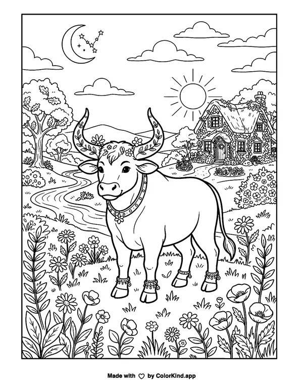 Taurus Zodiac as clean black-and-white printable line art made by ColorKind