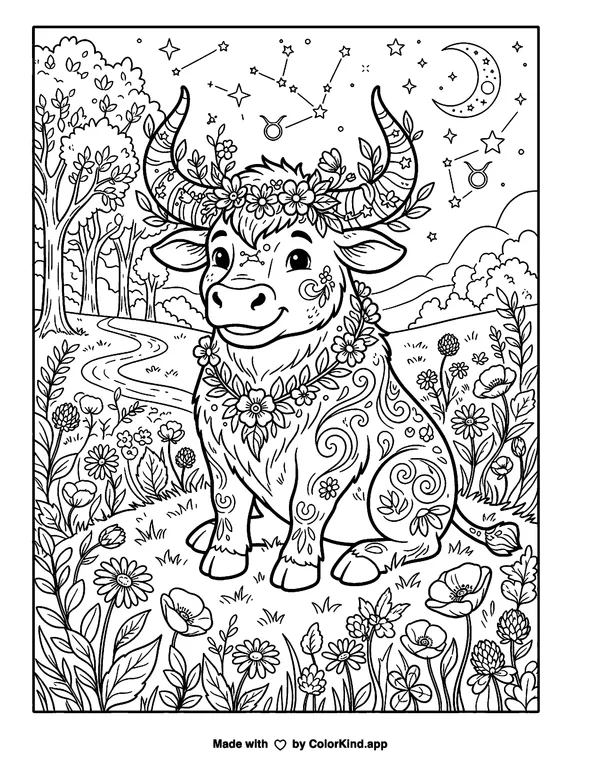 Taurus as clean black-and-white printable line art made by ColorKind