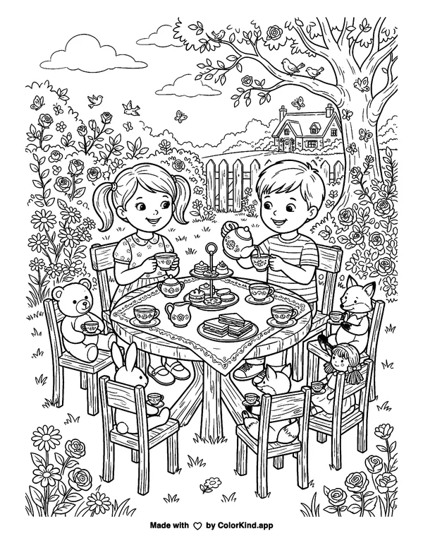 Tea Party as clean black-and-white printable line art made by ColorKind