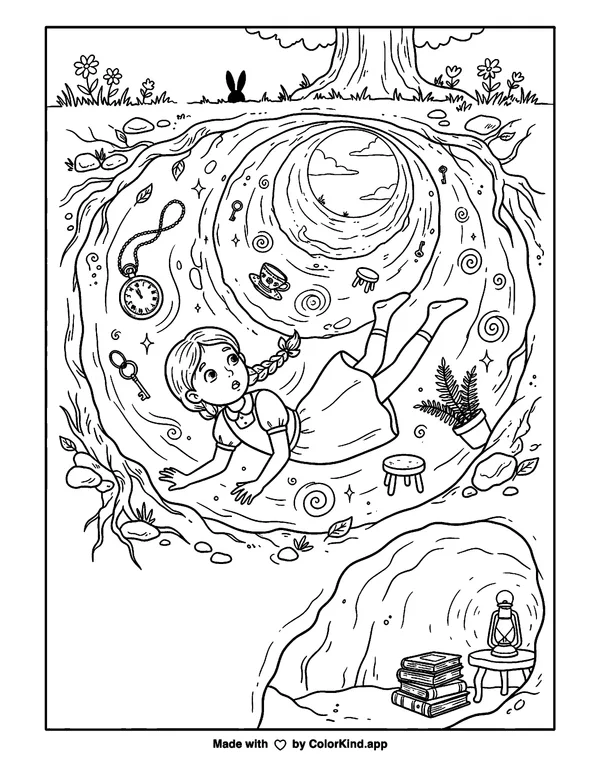 Through The Rabbit Hole as clean black-and-white printable line art made by ColorKind