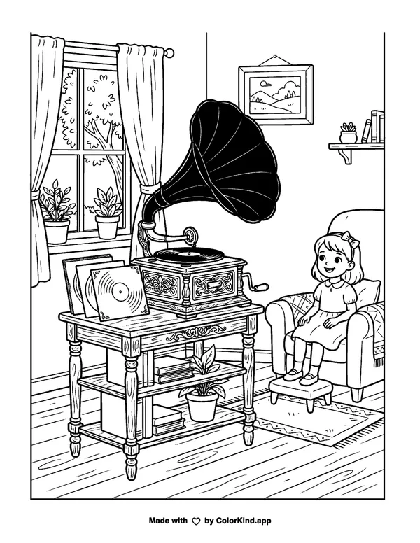 Victrola as clean black-and-white printable line art made by ColorKind
