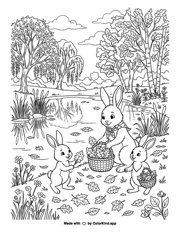 A family of rabbits collecting fallen leaves beside a peaceful pond as clean black-and-white printable line art made by ColorKind