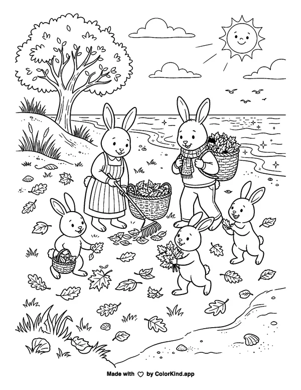 A family of rabbits collecting fallen leaves near a sunny beach as clean black-and-white printable line art made by ColorKind