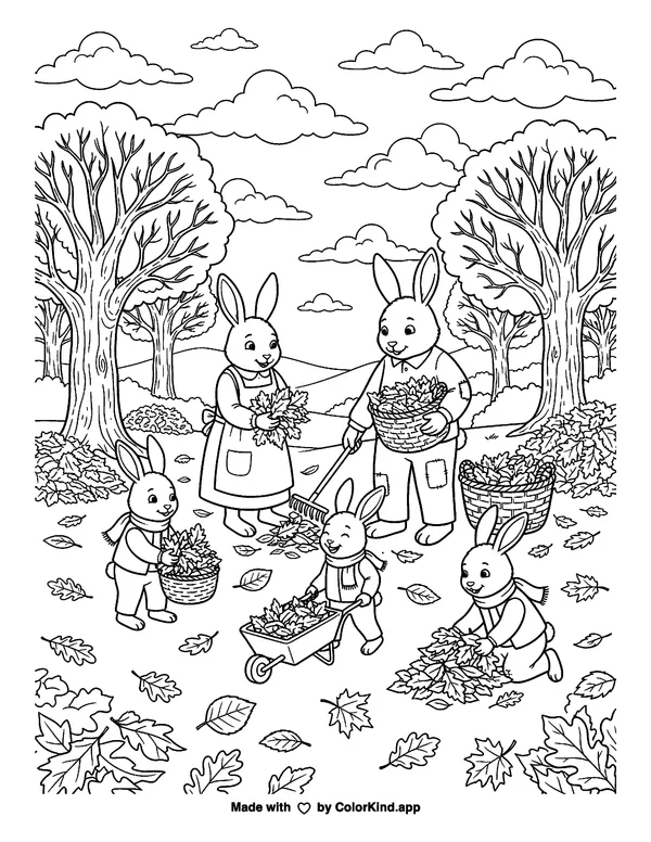 A family of rabbits collecting fallen leaves under a sky full of clouds, scene 2 as clean black-and-white printable line art made by ColorKind
