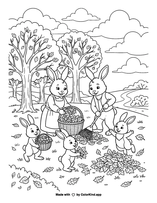 A family of rabbits collecting fallen leaves under a sky full of clouds as clean black-and-white printable line art made by ColorKind