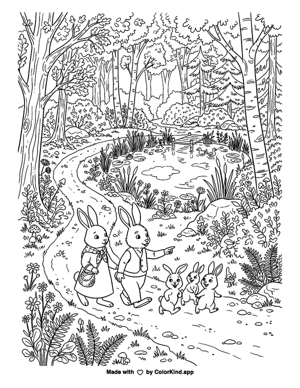 A family of rabbits discovering a hidden pond along a winding woodland trail as clean black-and-white printable line art made by ColorKind