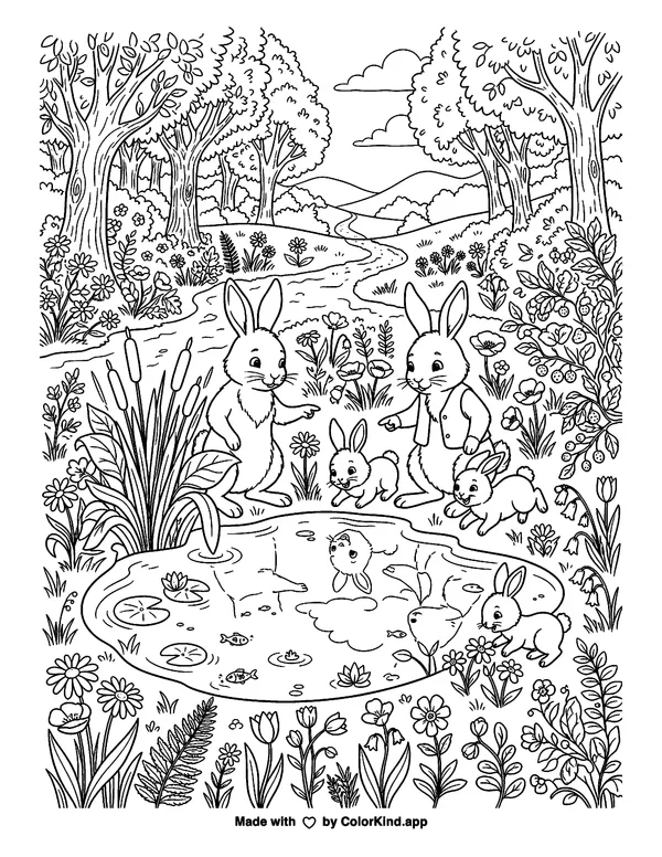 A family of rabbits discovering a hidden pond in a flower-filled park as clean black-and-white printable line art made by ColorKind