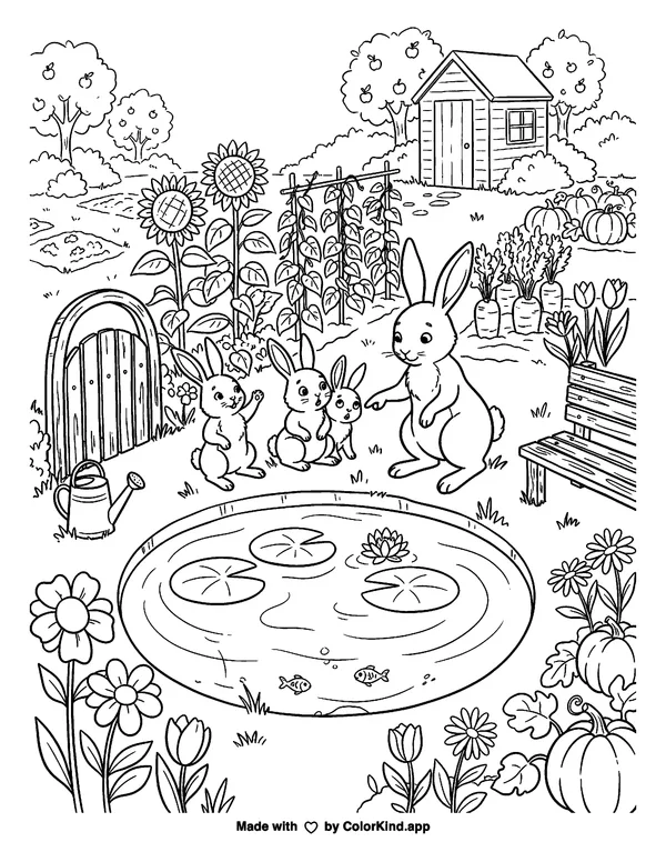 A family of rabbits discovering a hidden pond in a lively community garden as clean black-and-white printable line art made by ColorKind