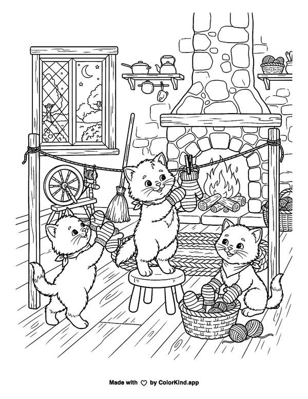 Kittens Playing in a Cozy Room as clean black-and-white printable line art made by ColorKind