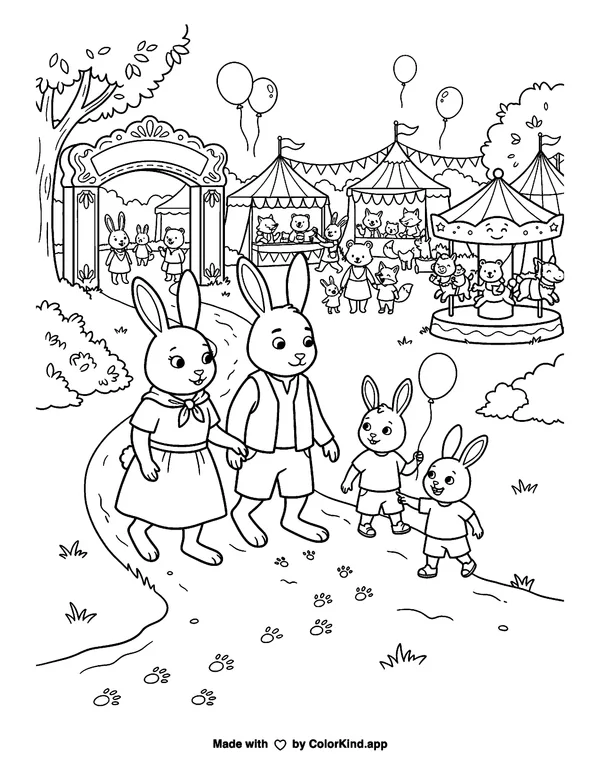 A family of rabbits following animal tracks at a cheerful outdoor festival as clean black-and-white printable line art made by ColorKind
