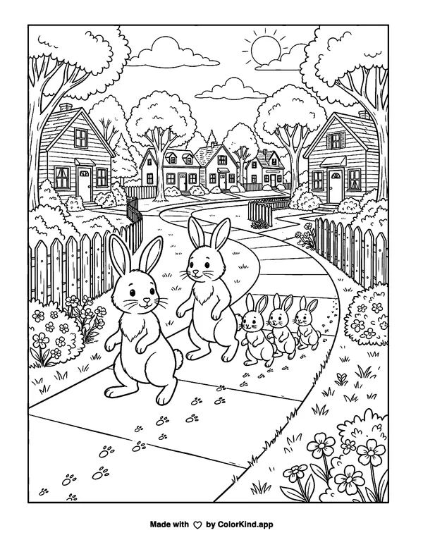 A family of rabbits following animal tracks in a welcoming neighborhood as clean black-and-white printable line art made by ColorKind