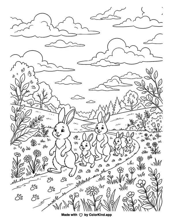 A family of rabbits following animal tracks under a sky full of clouds, scene 3 as clean black-and-white printable line art made by ColorKind