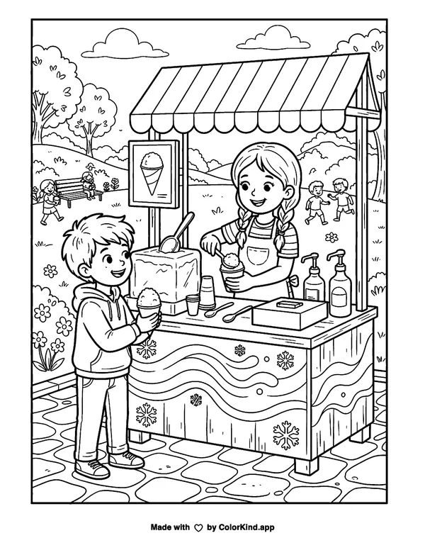A Child Buying Shaved Ice at a Park as clean black-and-white printable line art made by ColorKind