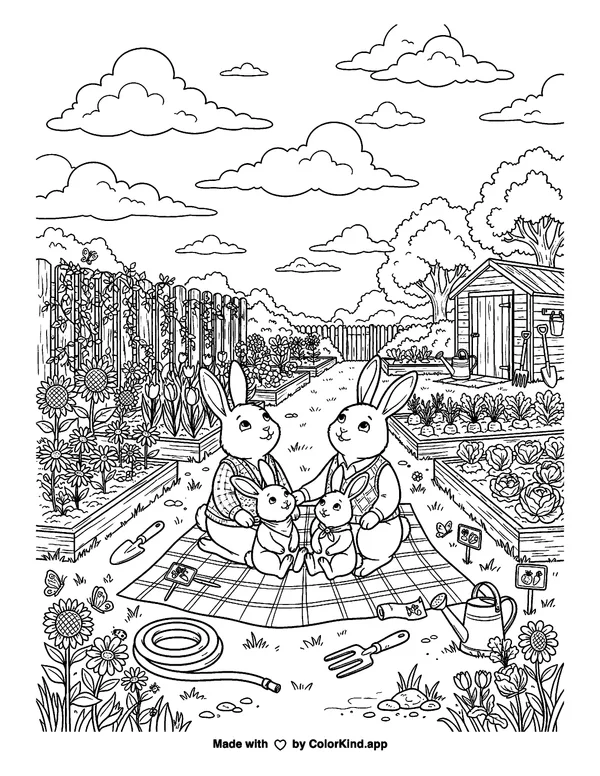 A family of rabbits observing clouds in a lively community garden as clean black-and-white printable line art made by ColorKind
