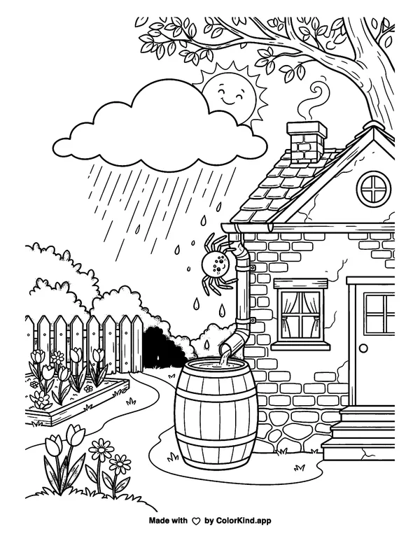 Rainy Garden Scene as clean black-and-white printable line art made by ColorKind