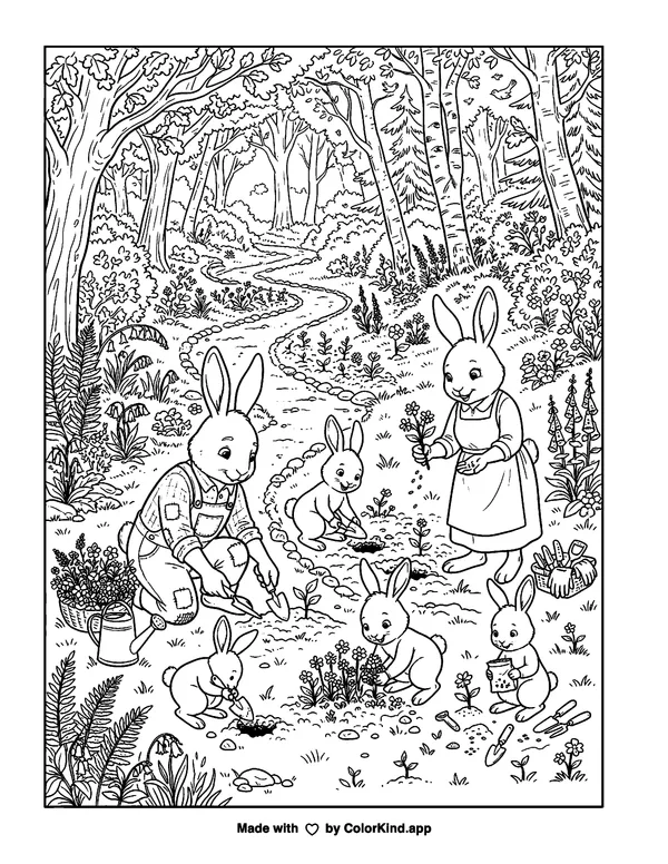 A family of rabbits planting wildflowers along a winding woodland trail as clean black-and-white printable line art made by ColorKind