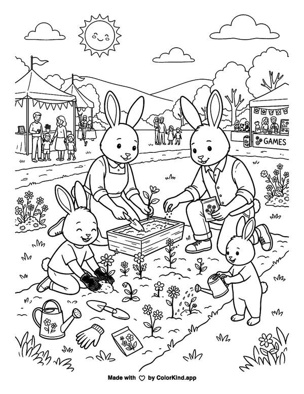A family of rabbits planting wildflowers at a cheerful outdoor festival, scene 2 as clean black-and-white printable line art made by ColorKind