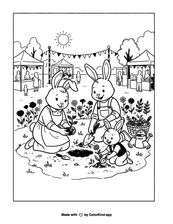 A family of rabbits planting wildflowers at a cheerful outdoor festival as clean black-and-white printable line art made by ColorKind
