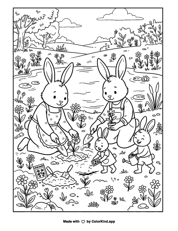 A family of rabbits planting wildflowers beside a peaceful pond as clean black-and-white printable line art made by ColorKind