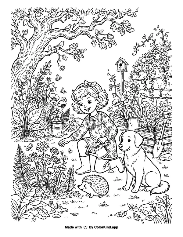 Girl Gardening with Friends as clean black-and-white printable line art made by ColorKind