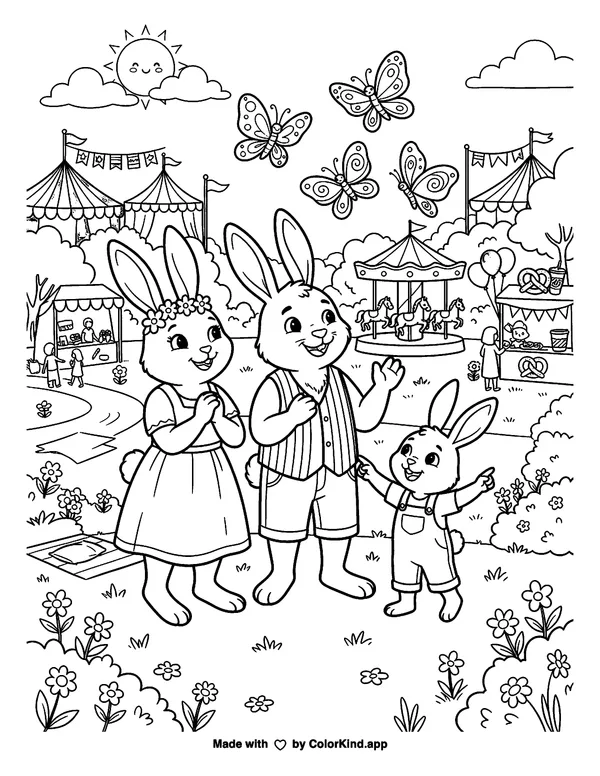 Rabbit Family at a Carnival as clean black-and-white printable line art made by ColorKind