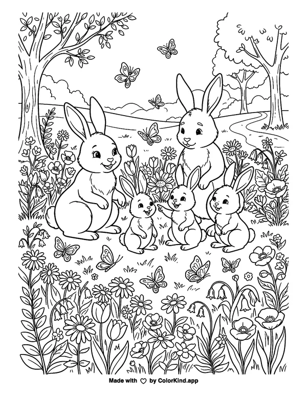 A family of rabbits watching butterflies in a flower-filled park as clean black-and-white printable line art made by ColorKind