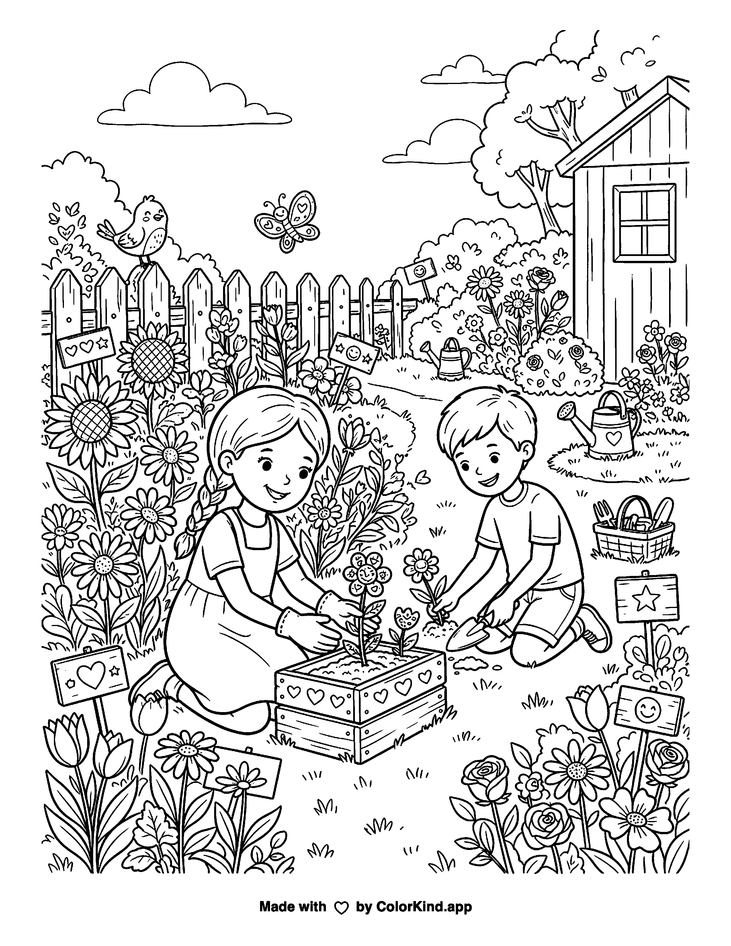 Children Gardening in the Backyard as clean black-and-white printable line art made by ColorKind