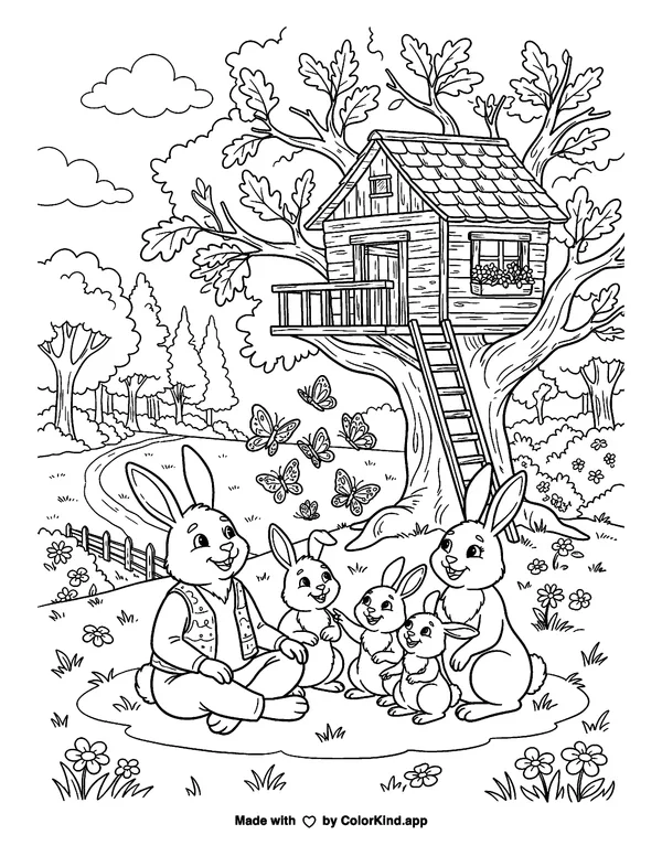 A family of rabbits watching butterflies near a cozy treehouse, scene 2 as clean black-and-white printable line art made by ColorKind