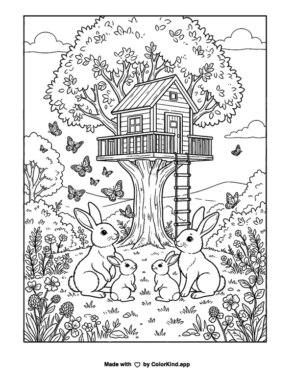 A family of rabbits watching butterflies near a cozy treehouse as clean black-and-white printable line art made by ColorKind